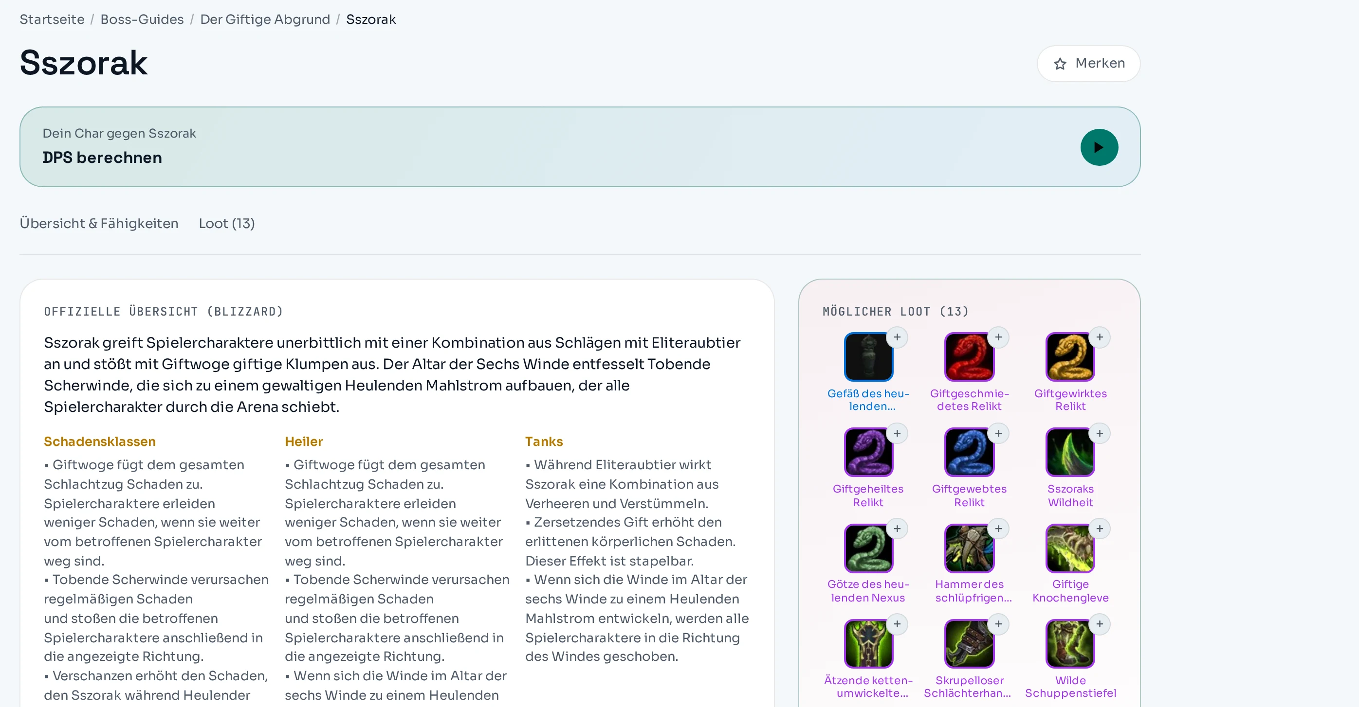 Boss-Guide-Seite für Sszorak mit Rollen-Übersicht und 13 möglichen Loot-Items